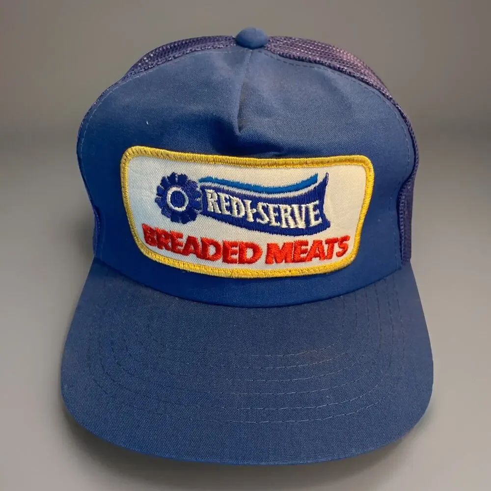 Vintage Trucker Hat Cap Snapback Blue Redi Serve Meats Food Patch 80s 90s 1